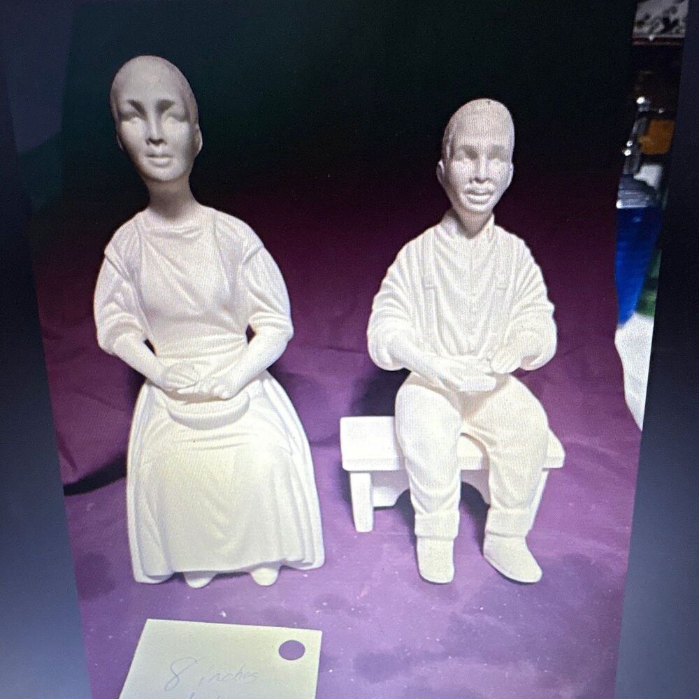Ceramic Bisque Figurines Set: Seated Black Woman & man w/ Bench & Stool